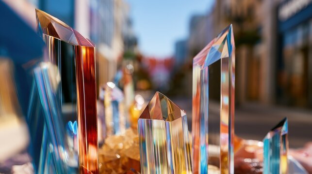 Urban geometry crystal photography creative innovation concept close up precision aesthetics selective focus vibrant Composite luxury shopping avenue backdrop. 
