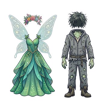 Whimsical fairy dress with flower crown and tattered zombie outfit halloween tattered clothing mythical illustration isolated character