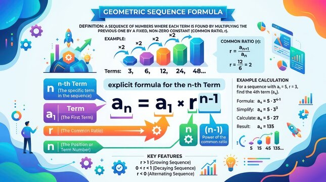 Geometric sequence mathematical formula infographic for education about arithmetic series.