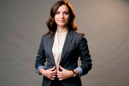 Portrait of Caucasian young adult businesswoman adjusting blazer and looking at camera, conveying confidence and leadership. Ideal for corporate branding, recruitment, executive profile