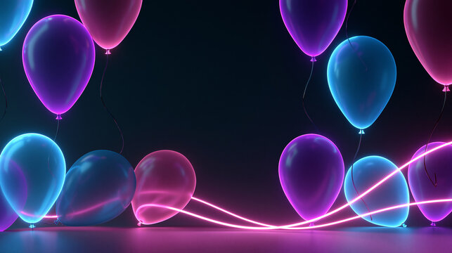 Nighttime Party Background with Glowing Neon Pink and Blue Balloons on Dark Floor