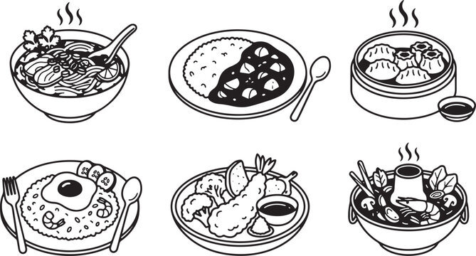 Minimalist asian food icons featuring ramen curry and dim sum