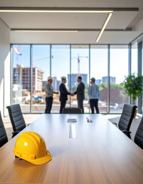 yellow safety helmet on workplace desk with construction worker team hands shaking greeting start up plan new project contract