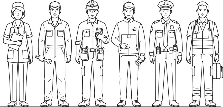 Essential workers from different professions standing in uniform