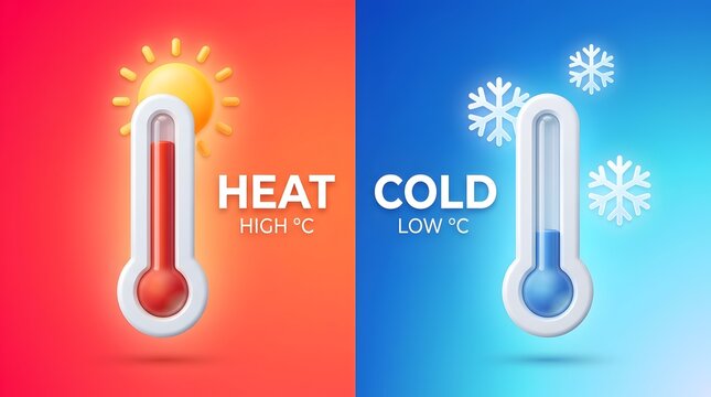Graphic 3D illustration comparing extreme hot and cold temperatures with red and blue thermometers sun and snowflake icons for weather forecast.