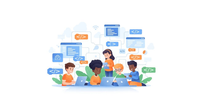 Diverse children learning computer programming on laptops in coding class