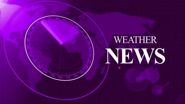 Tv-style weather news graphic with radar overlay and world map background animation