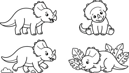 Cute cartoon triceratops coloring book vector illustration set with funny prehistoric dinosaur characters for kids © MdAungur