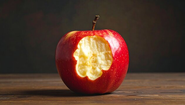 A red apple with a significant bite taken out of it sits on a wooden surface