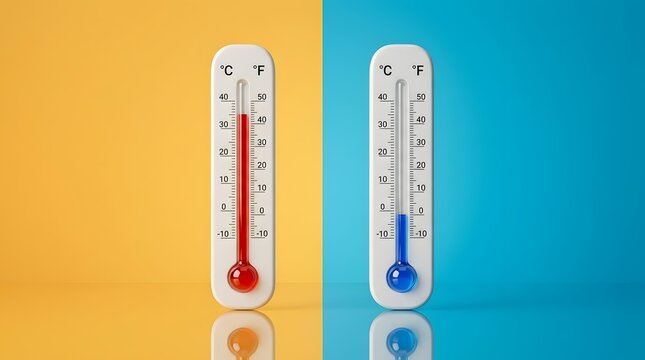 3D render of hot and cold thermometers side by side against yellow and blue backgrounds showing extreme temperature variations.
