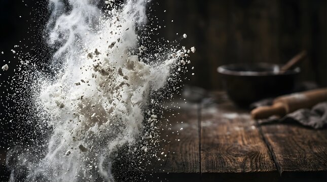White flour cloud exploding over a rustic wooden kitchen table surface