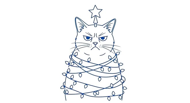 Angry cat wrapped in festive Christmas lights line art.