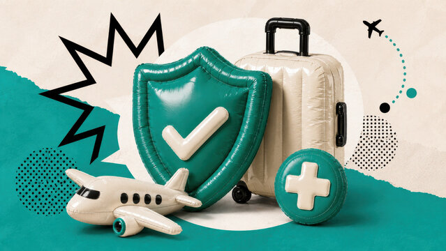 Inflatable shield checkmark suitcase airplane and medical cross background representing travel insurance and protection