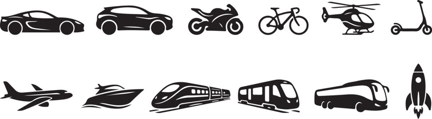 A collection of black silhouette representing various modes of transportation, including a sports car, suv, motorcycle, bicycle, helicopter, electric scooter, airplane, boat, train, tram, bus © MdAbu