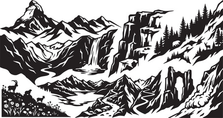 Fototapeta premium Black and white landscape featuring the matterhorn peak, a cascading waterfall, pine forests, alpine meadows with wildflowers, a winding river, and silhouettes of mountain goats