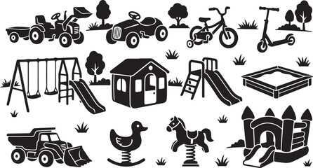 Black and white set of children playground equipment, including a tractor, pedal car, bicycle, scooter, swing set, playhouse, slide, sandbox, dump truck, spring riders, and a bounce house © MdAbu