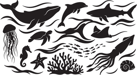 Black silhouette set of marine life including a whale, dolphin, shark, jellyfish, sea turtle, stingray, squid, seahorse, starfish, coral reef, and school of fish on a white background © MdAbu