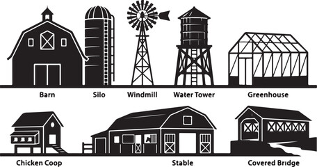 Black and white silhouette of rural farm structures including a barn, silo, windmill, water tower, greenhouse, chicken coop, horse stable, and a covered bridge on a white background © MdAbu