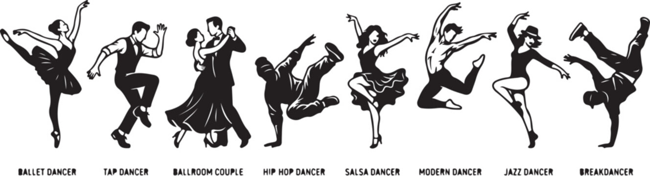 A collection of black silhouettes depicting various dance styles, including ballet, tap, ballroom, hip hop, salsa, modern, jazz, and breakdancing, arranged in a horizontal row on a white background