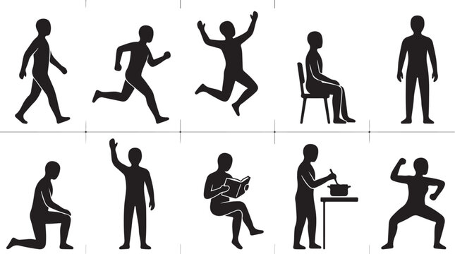 A collection of ten black silhouette showing human figures in various poses, including walking, running, jumping, sitting, kneeling, waving, reading a book, cooking, and flexing muscles