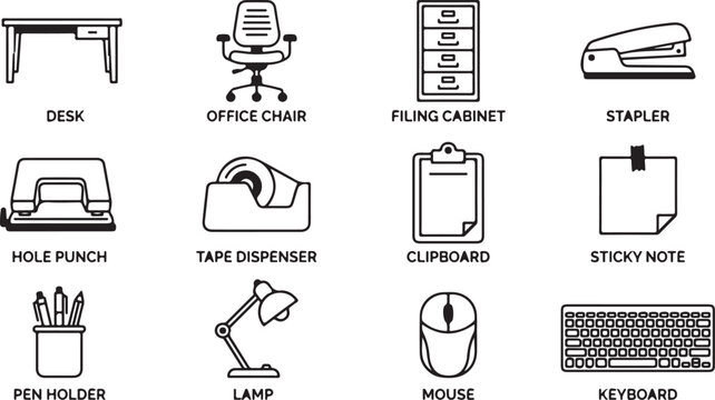 A collection of twelve black and white line representing essential office supplies and furniture, including a desk, chair, filing cabinet, stapler, hole punch, tape dispenser, and keyboard