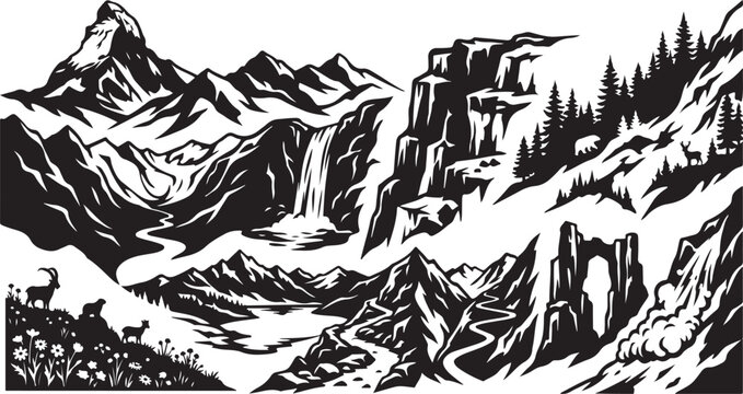 Black and white landscape featuring the matterhorn peak, a cascading waterfall, pine forests, alpine meadows with wildflowers, a winding river, and silhouettes of mountain goats
