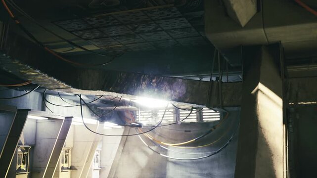 Contrasting ceiling textures with intense flare and lens artifacts, closeup of panels, rust and light interplay creates dramatic moody industrial composition