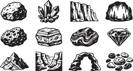 Set of black and white geological featuring rocks, crystals, fossils, mountains, a cave, a diamond, and natural stone formations in a style © MdAbu