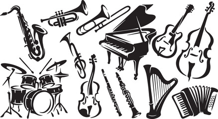 Set of black and white musical instrument silhouettes including a grand piano, saxophone, trumpet, trombone, drum kit, violin, double bass, harp, flute, clarinet, guitar, and accordion © MdAbu