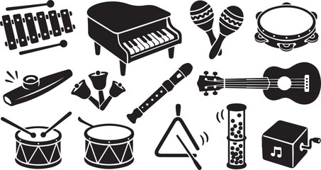 Set of black and white musical instrument including a grand piano, xylophone, maracas, tambourine, kazoo, hand bells, recorder, acoustic guitar, drums, triangle, rainstick, and music box © MdAbu