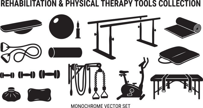 Rehabilitation and physical therapy equipment set, featuring parallel bars, exercise ball, resistance bands, dumbbells, foam roller, yoga mat, stationary bike, and massage table