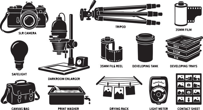 Set of black and white representing traditional analog equipment, including an slr camera, darkroom enlarger, tripod, reels, developing trays, safelight, and a light meter