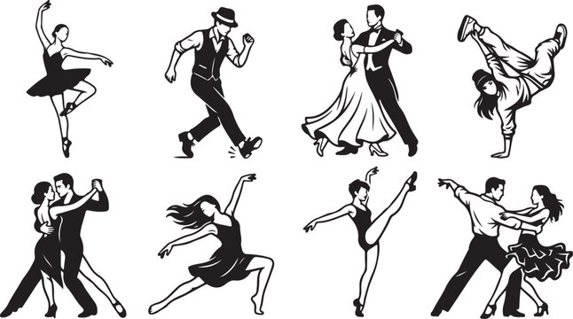 Set of black and white silhouettes depicting various dance styles, including ballet, ballroom, tango, and breakdancing, featuring couples and solo dancers in dynamic poses on a white background