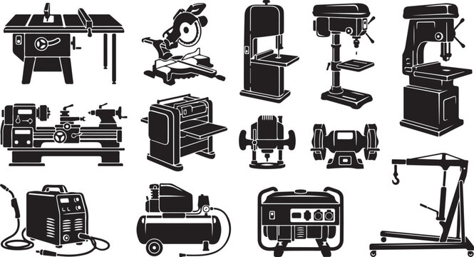 Set of black silhouette featuring industrial workshop machinery, including table saws, drill presses, lathes, planers, welding equipment, air compressors, power generators, and engine hoists