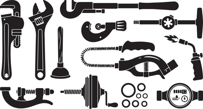 Set of black silhouette featuring various plumbing tools, including pipe wrenches, a plunger, a blowtorch with flame, a water meter, pipe cutters, and assorted rubber gaskets on white
