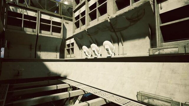 Industrial symmetry revealing deep stair perspective, repeating balconies, framed openings, rhythmic geometry and converging lines drawing eye inward.