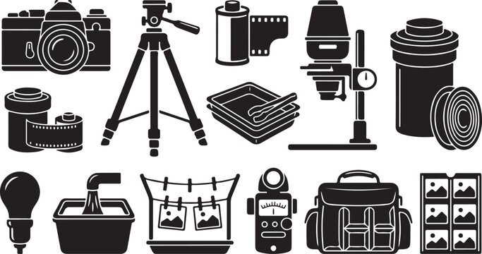 Set of black silhouette representing analog equipment, including a camera, tripod, developing tank, enlarger, rolls, light meter, darkroom trays, and storage bag