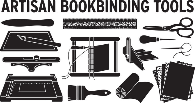 Set of black silhouette representing artisan bookbinding tools, including a sewing frame, paper cutter, bone folder, ruler, scissors, awl, needle, thread, brush, and decorative book covers