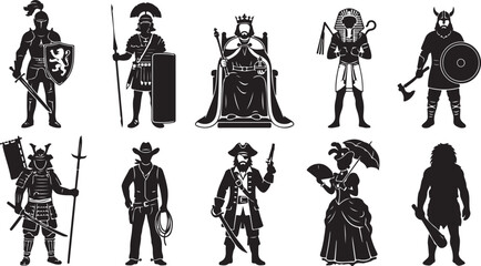 Obraz premium Set of ten black silhouettes representing historical figures including a medieval knight, roman soldier, king on a throne, egyptian pharaoh, viking, samurai, cowboy, pirate, victorian lady, and