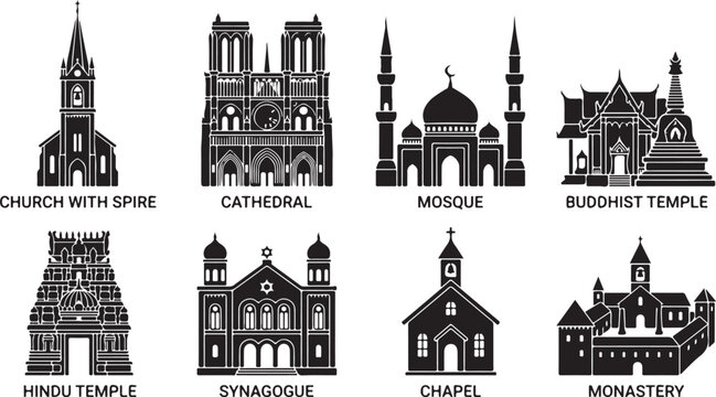 Set of eight black silhouette representing global religious buildings, including a church, cathedral, mosque, buddhist temple, hindu temple, synagogue, chapel, and a medieval monastery