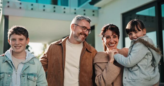 Face, laugh and parents with children in backyard for bonding, relationship and excited for new house. Happy, portrait and kids with mom, dad and ball for support, love or connection for relocation