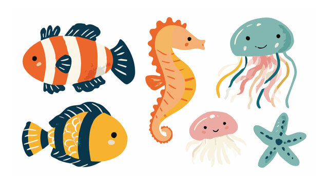 Colorful marine creatures including fish seahorse jellyfish starfish and octopus in bright ocean scene for aquatic themes