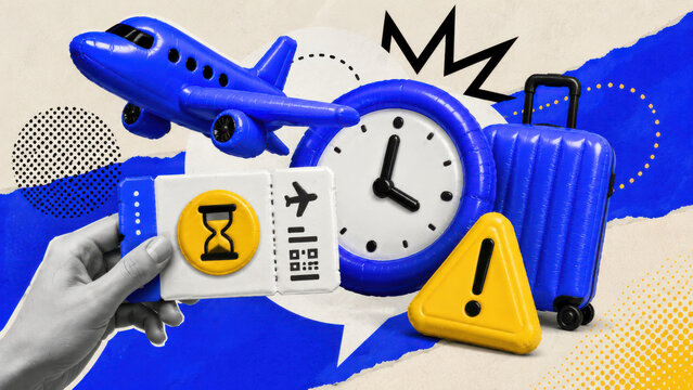 Inflatable airplane clock warning sign and suitcase background representing flight delay and travel disruption