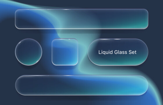 Transparent liquid glass ui buttons with fluid texture, blur effect, modern 3d vector design elements on background. Glassmorphism frame icons, search bar for futuristic app interface and web design