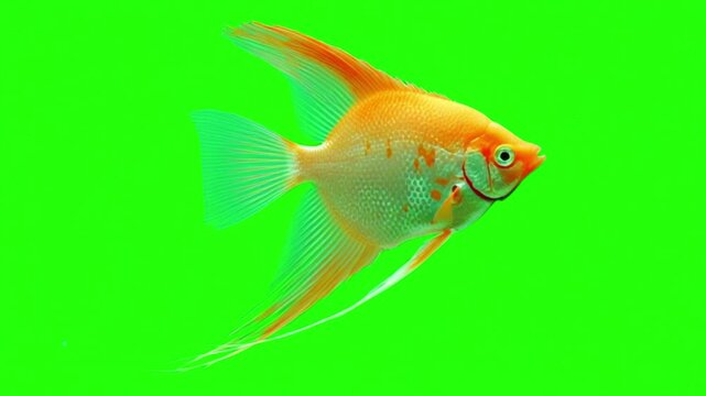 Orange angelfish swimming isolated on a bright green screen background for professional video compositing