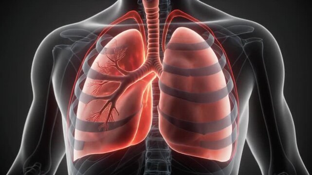 Detailed 3D video showing a cross section of human lungs with airflow moving through bronchi and alveoli