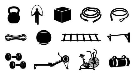 HIIT Equipment and Functional Training Silhouette Icon Set – Kettlebell, Battle Ropes, Air Bike, Rowing Machine and Gym Workout Tools © Mediasegment