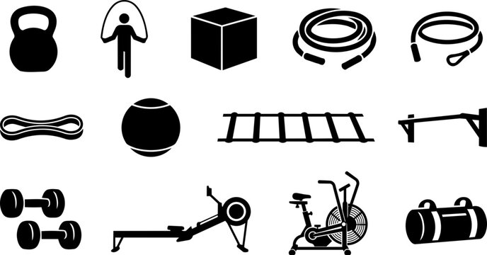 HIIT Equipment and Functional Training Silhouette Icon Set &ndash; Kettlebell, Battle Ropes, Air Bike, Rowing Machine and Gym Workout Tools