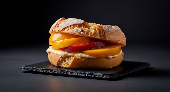 A gourmet peach sandwich with fresh sliced fruit and creamy filling on a rustic bread roll presented on a black slate board against a dark studio background