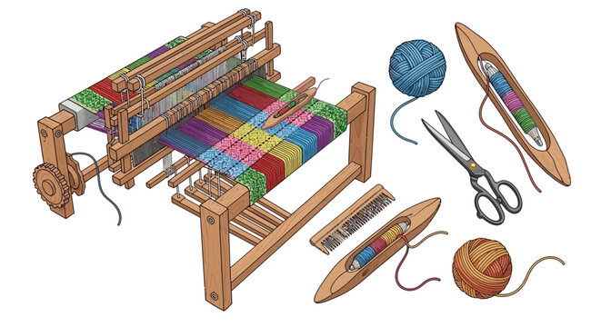 Traditional wooden weaving loom with colorful yarn and tools.